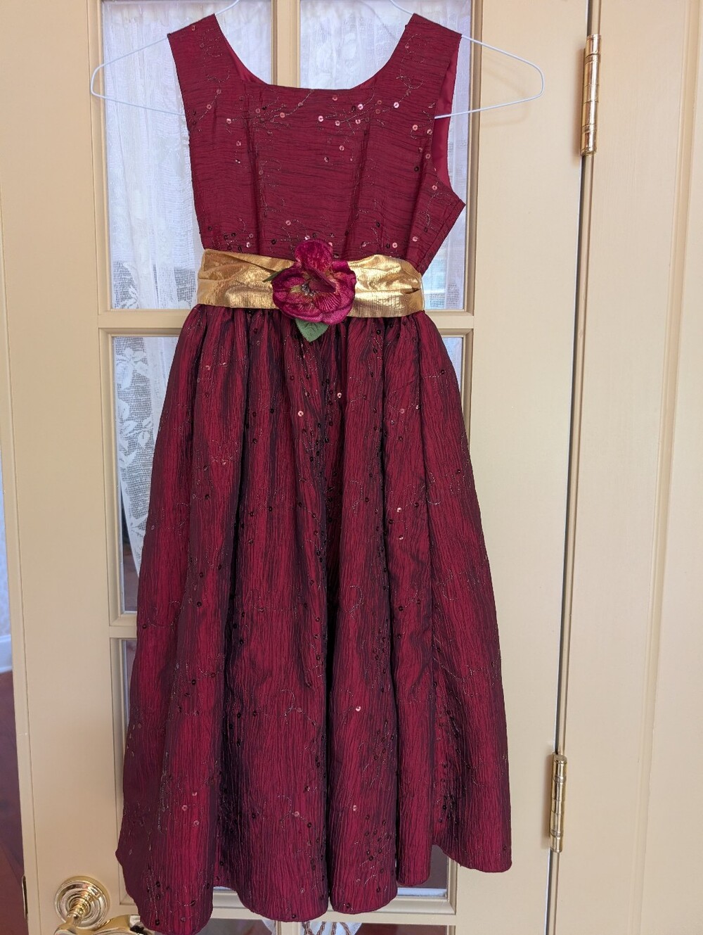 emily west Burgundy Sequin Party Dress with Gold Sash